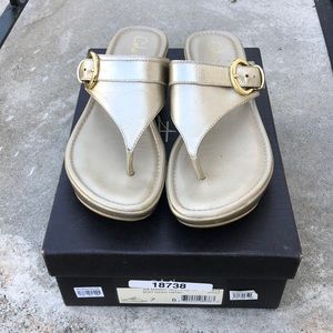 Cole Hann soft gold metal wedge flip flop sandal